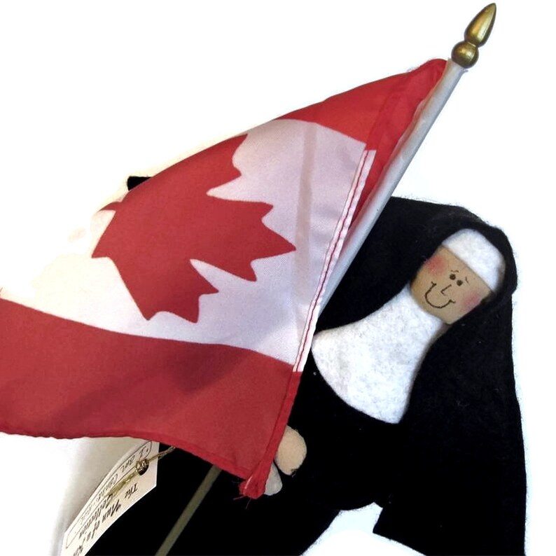 Nun Doll Canadian patriot holding flag with maple leaf , Catholic keepsake gift, 'I am Canadi-nun' image 1