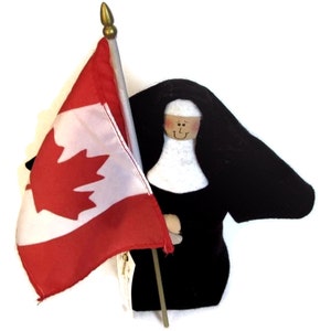 Nun Doll Canadian patriot holding flag with maple leaf , Catholic keepsake gift, 'I am Canadi-nun' image 3