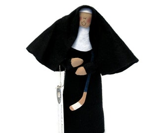 Funny Nun doll,  hockey playing woman, Catholic humor gift, hockey player, sports fan, hockey stick, hockey fan, Sister Maria Lemieux