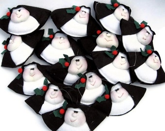 Nun doll Christmas ornaments, funny Catholic ornaments, Holly accents, Sister Mary Christmas, pack o’ nuns