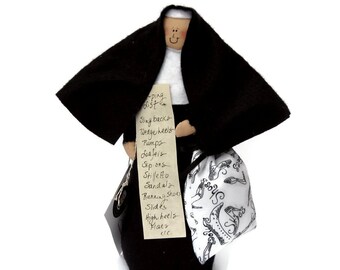 Nun Doll sister doll, shoe lover and collector, funny Catholic gift for shoe addict, list of footwear and shoebag, "the Sole Sister"