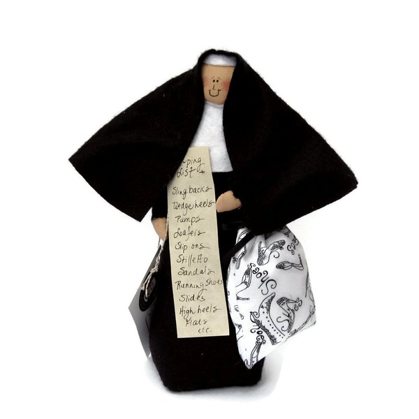 Nun Doll sister doll, shoe lover and collector, funny Catholic gift for shoe addict, list of footwear and shoebag, "the Sole Sister"