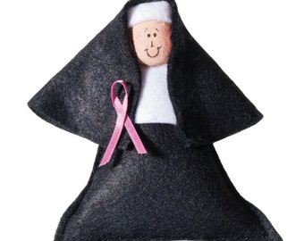 Pack of two nun Christmas ornaments with pink ribbon, celebrating Breast Cancer survivors, "Sister Faith" , Catholic gift