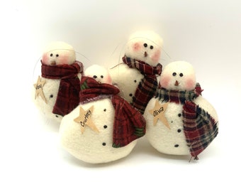 Snowmen ornaments, group of four, personalized if desired, winter decor, wine bottle hanger, gift topper, tree ornament, Christmas decor,
