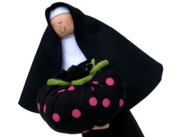Nun Doll with Tomato Pincushion, Catholic Sewist Gift