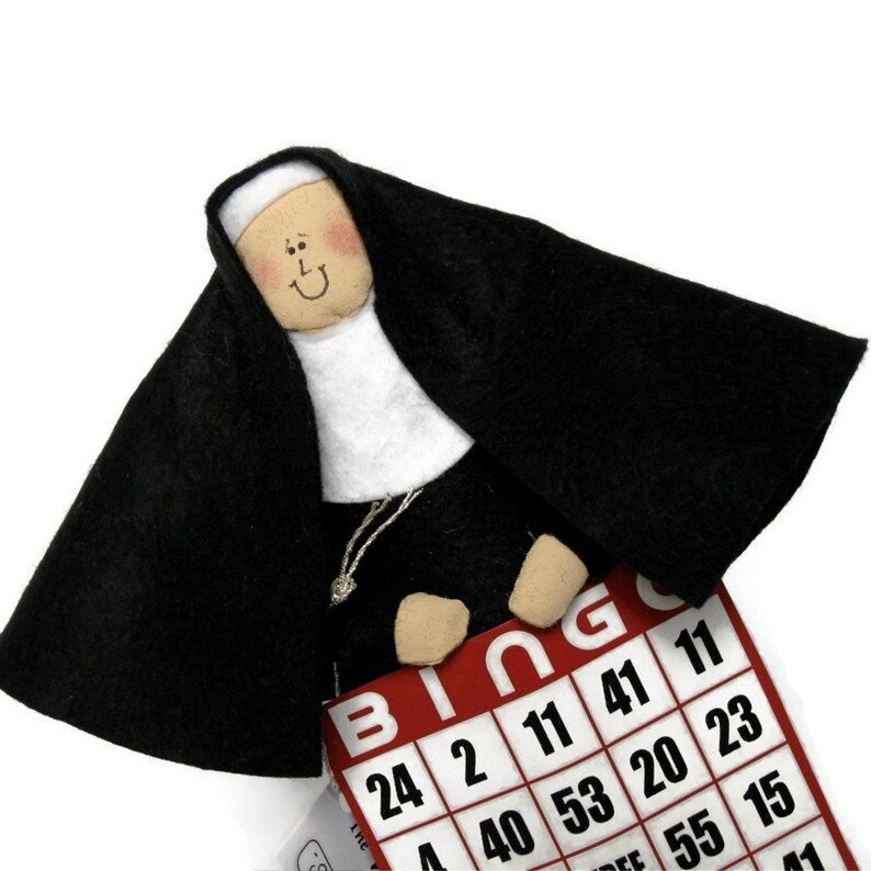 Funny nun doll bingo player, fun Catholic decor, fabric sister doll, nun with bingo card, bingo player gift, Sister Ivana Wynne image 1