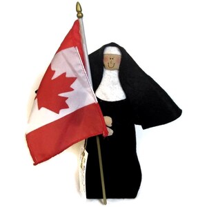 Nun Doll Canadian patriot holding flag with maple leaf , Catholic keepsake gift, 'I am Canadi-nun' image 2