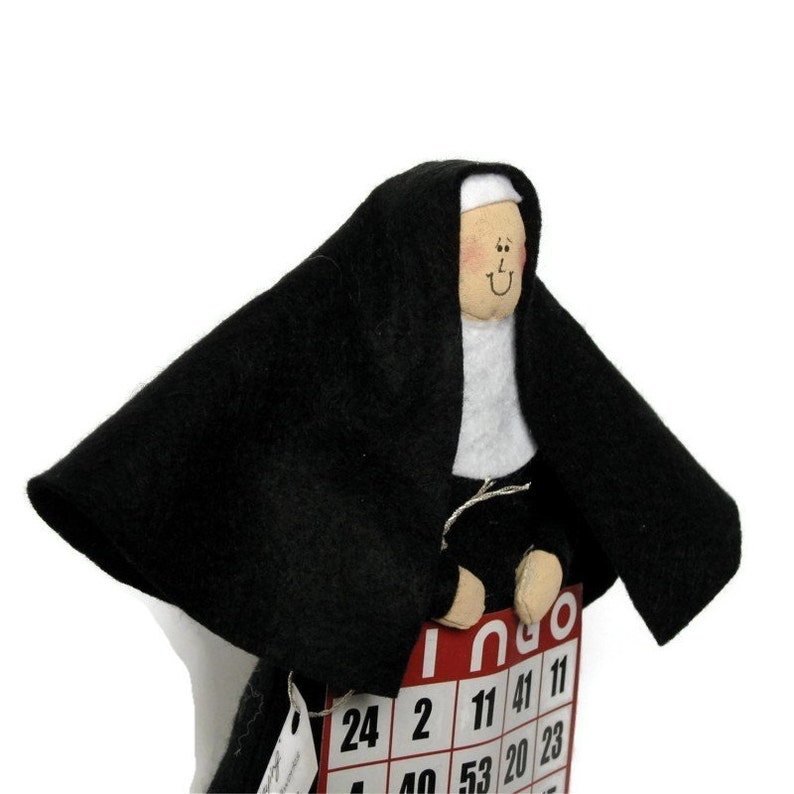 Funny nun doll bingo player, fun Catholic decor, fabric sister doll, nun with bingo card, bingo player gift, Sister Ivana Wynne image 4