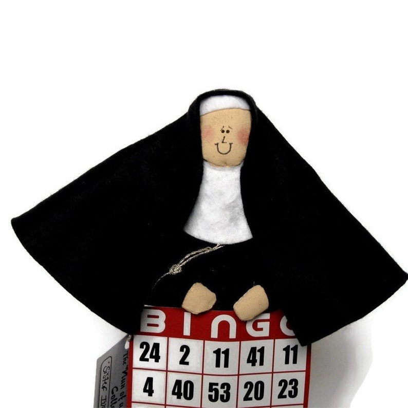 Funny nun doll bingo player, fun Catholic decor, fabric sister doll, nun with bingo card, bingo player gift, Sister Ivana Wynne image 3