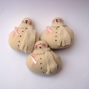 Snowman ornament with pink ribbon and scarf in a pack of three, to celebrate breast cancer survivors- Janet's Snowfolk