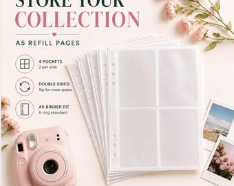 Puede incluir: Páginas de recambio A5 transparentes con cuatro bolsillos por lado, diseñadas para una carpeta de 6 anillas. La imagen también muestra una cámara instantánea rosa, dos fotos y el texto "STORE YOUR COLLECTION" y "MEMORY STATION."