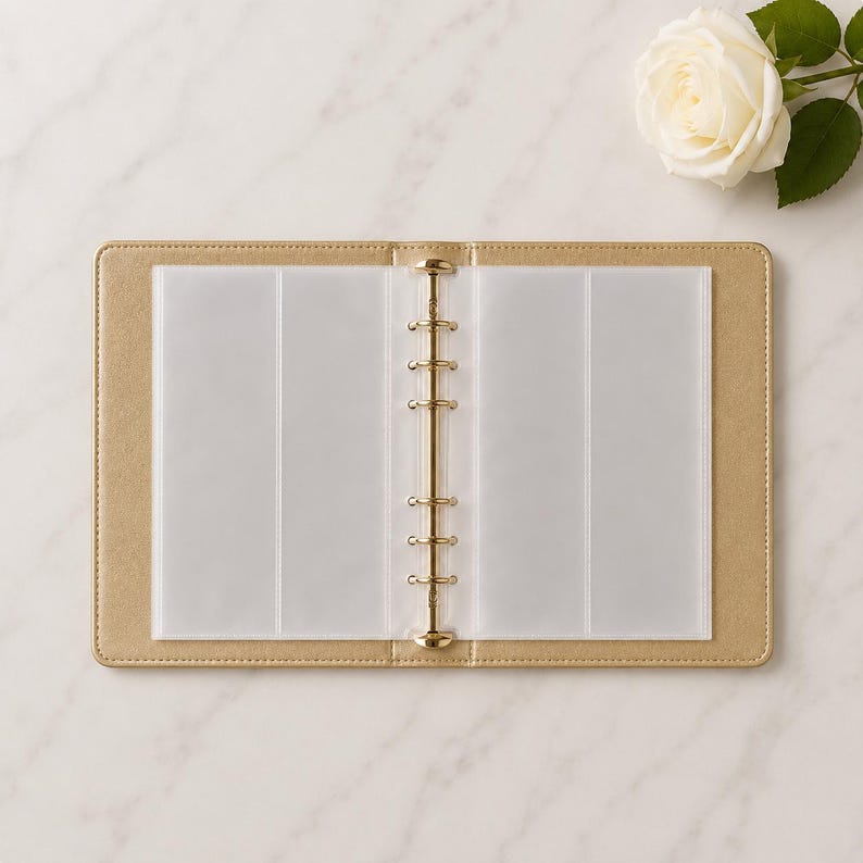 Puede incluir: Un archivador abierto de color dorado con un mecanismo met&aacute;lico de seis anillas en el centro. El interior cuenta con fundas de pl&aacute;stico transparente dise&ntilde;adas para guardar tarjetas o fotos. La cubierta es de color dorado liso.