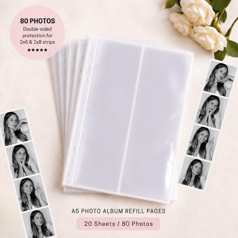 Recambios para álbumes de fotos de fotomatón – Paquete de 20 unidades, fundas para tiras de fotos de 2x6 y 2x8 pulgadas, capacidad para 80 fotos, inserciones para libros de invitados de boda. imagen 1
