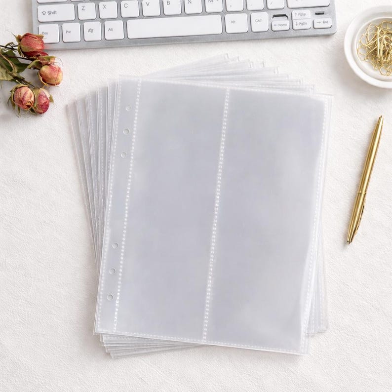 Puede incluir: Una pila de hojas de pl&aacute;stico transparente para archivador con tres bolsillos verticales cada una. Las hojas cuentan con un borde blanco reforzado con agujeros preperforados para encuadernaci&oacute;n de anillas. Fundas para organizar tarjetas.