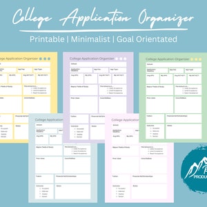 May include: A printable college application organizer with four different color options: yellow, purple, green, and pink. Each organizer includes sections for school information, application deadlines, GPA, test scores, major fields of study, pros and cons, tuition, financial aid and scholarships, and outcome notes.