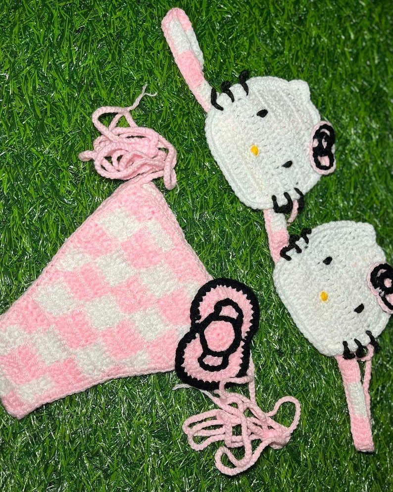 Crochet Bikini Set, Hello Kitty Swimwear, Designer Bathing Suit, SAME DAY SHIPPING image 4