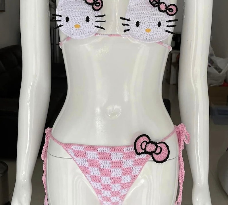 Crochet Bikini Set, Hello Kitty Swimwear, Designer Bathing Suit, SAME DAY SHIPPING image 6