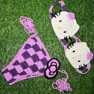 Crochet Bikini Set, Hello Kitty Swimwear, Designer Bathing Suit, SAME DAY SHIPPING image 2