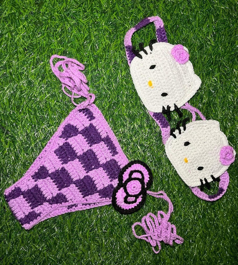 Crochet Bikini Set, Hello Kitty Swimwear, Designer Bathing Suit, SAME DAY SHIPPING image 2