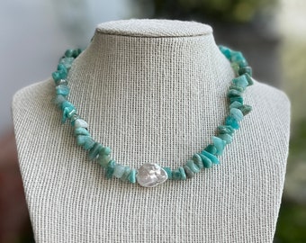 Coral Necklace Baroque Pearl and Amazonite Crystal Gemstone Blue Choker for Beach