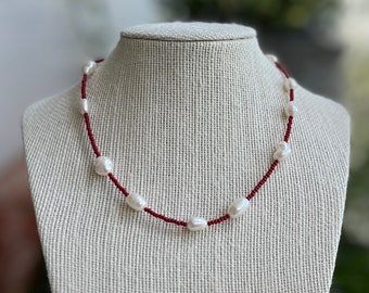 Cherry Necklace Rice Pearls Red glass beads choker