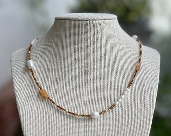 Sahara Necklace Earthy style Brown beads Citrine and Pearl easy to wear versatile pearl necklace