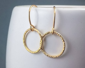 Gold Circle Earrings, 14k Gold Filled Earrings, Hammered Gold Hoop Earrings, Hoop Dangle Earring Gift For Her, Lightweight Hoops