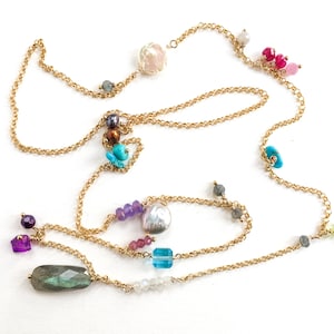 Colourful Necklace, 14k Gold Filled Chain Necklace, Rainbow Necklace, Multi Gemstone Necklace Gift For Wife