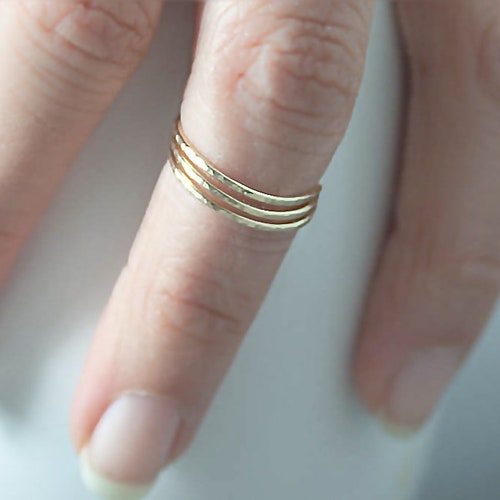 Set of Three Minimalist Stacking Rings Hammered Thin 14k Gold Etsy