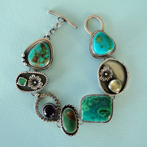 Reserved….   Treasure Bracelet….. American Turquoise, chrysacolla, sterling bracelet,