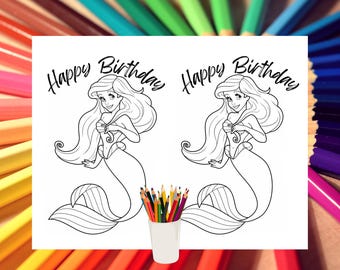 Coloring Pages Birthday, Digital download art, Girl birthday activity, Printable party game, coloring Birthday sheet, Ariel style art