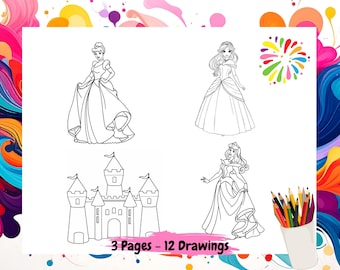 Princess Coloring Pages Printable, 12 Little Mermaid Jasmine Aurora Cinderella Digital Coloring Book for Kids, Instant Download Activity PDF