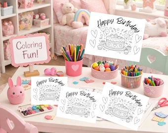 Birthday Coloring Page, Cake Party Printable, Kids Activity Sheet (Digital Download)