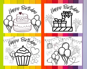 Birthday Party Activity Sheet, Birthday Coloring Page, Cake Coloring Page, Kids Table Game, Gift Coloring Page, Balloons (Digital Download)