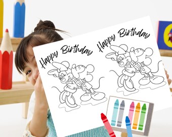 Activity Coloring Page Mickey and Minnie, Mickey and Minnie  Birthday Coloring, Mouse Activity Sheet, Kids Party Favor, Coloring Page Happy