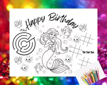 Birthday Activity Sheet, Printable Coloring Placemat for Kids Party, Under the Sea Game Sheet with Maze and Tic Tak Toe, Coloring Pages