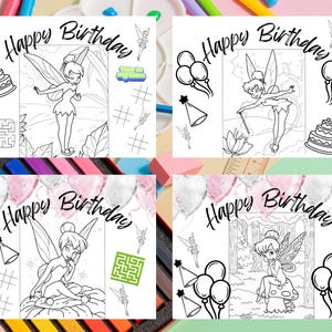 Puede incluir: Cuatro páginas para colorear en blanco y negro con el texto "Happy Birthday" e ilustraciones de hadas, pasteles, globos y sombreros de fiesta. Cada página presenta un diseño de hada diferente y elementos adicionales como laberintos y flores.