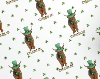 HIGHLAND COW wrapping paper. St Patrick's Scottish Coo w leprechaun hat + sharp green bow tie. Includes personalization in rainbow. Irish