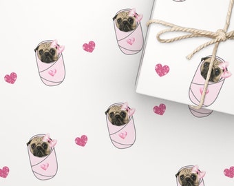 Swaddled Baby Fawn PUG Valentine's Day wrapping paper. Pug baby shower, 1st Valentines. Little Love swaddle puggles, puppies. Christening