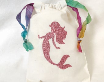 Sweet dusty pink glitter Little Mermaid party favor bags. Custom fabric bags for Under the sea birthdays, pool parties, beach, dance class