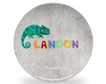 IGUANA Chameleon gift dining PLATE.  Iguana, lizard + reptile lovers.  Concrete background.  Easter, birthdays, st pats + name.Boy gift idea