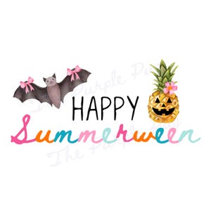 Happy SUMMERWEEN, HALLOWEEN, Hot Ghoul Sommer, Clip Art, PNG, pinkes adrettes Kokett, mädchenhafte Fledermaus, tropische Früchte, Ananaskürbis