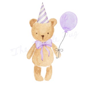 Clipart di compleanno di un orsetto di peluche femminile in formato PNG, stile preppy e civettuolo viola, download, inviti, decorazioni per feste, orsetto POD, magliette, tessuto, creazione di biglietti