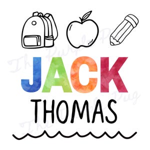 Arquivo PNG com nome personalizado para materiais escolares, jardim de infância, primeira série, pré-escola, fotos do BTS, festa, mochila, camisetas para o primeiro dia de aula