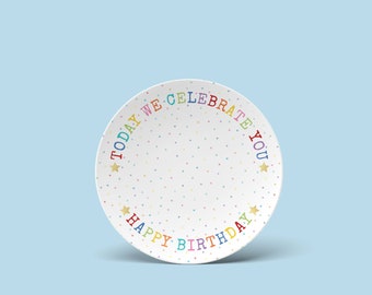 Today We Celebrate You cake party plate. It's your special day Happy Birthday plate. Rainbow text, confetti, cupcakes, pancakes. Office