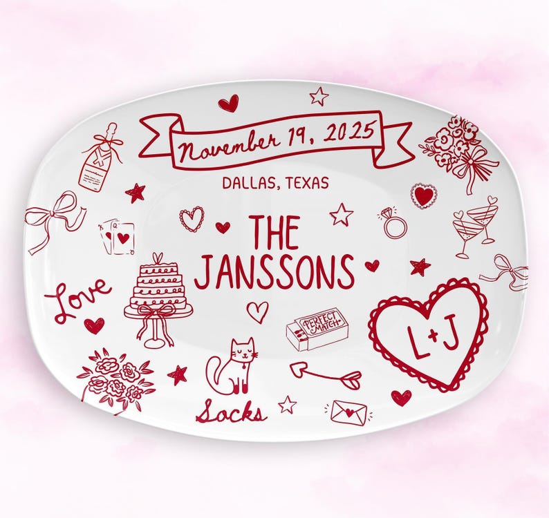Wedding, engagement gift personalized serving platter. Bridal shower, newlyweds, daughter in law, blue white, destination, add dog/cat/kids