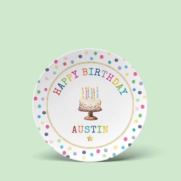 Happy Birthday CAKE plate. Personalized rainbow text, party cupcakes. Keepsake plate for cookies, parties, gifting. grandkids, pancake plate