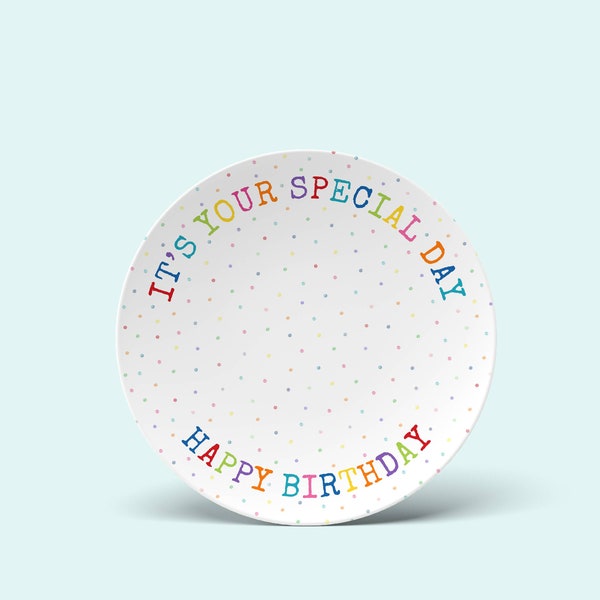 It's your special day Happy Birthday CAKE plate. Whimsical rainbow text, confetti, party cupcakes. Darling for home, office. For everyone.