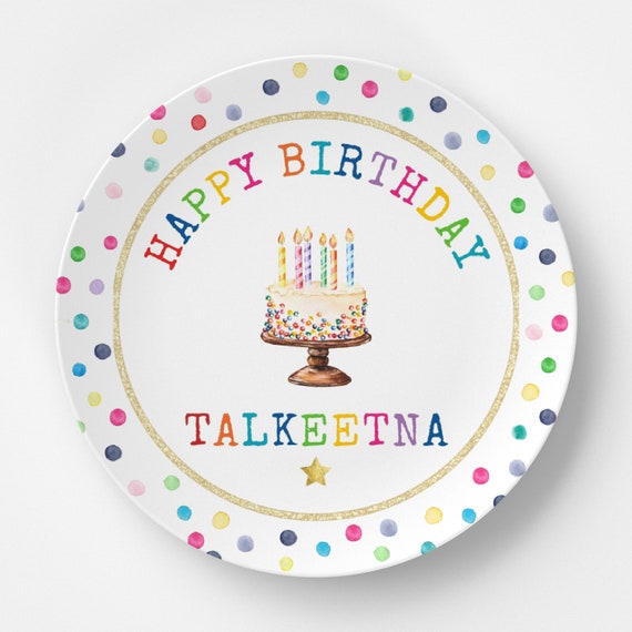 Happy Birthday Personalized CAKE Plate. Rainbow Text Party