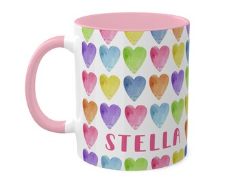 Watercolor Rainbow Hearts Valentines Coffee Mug. Love hearts for your honey, sweet pea, babe. Super cute for kiddies cocoa, party favors